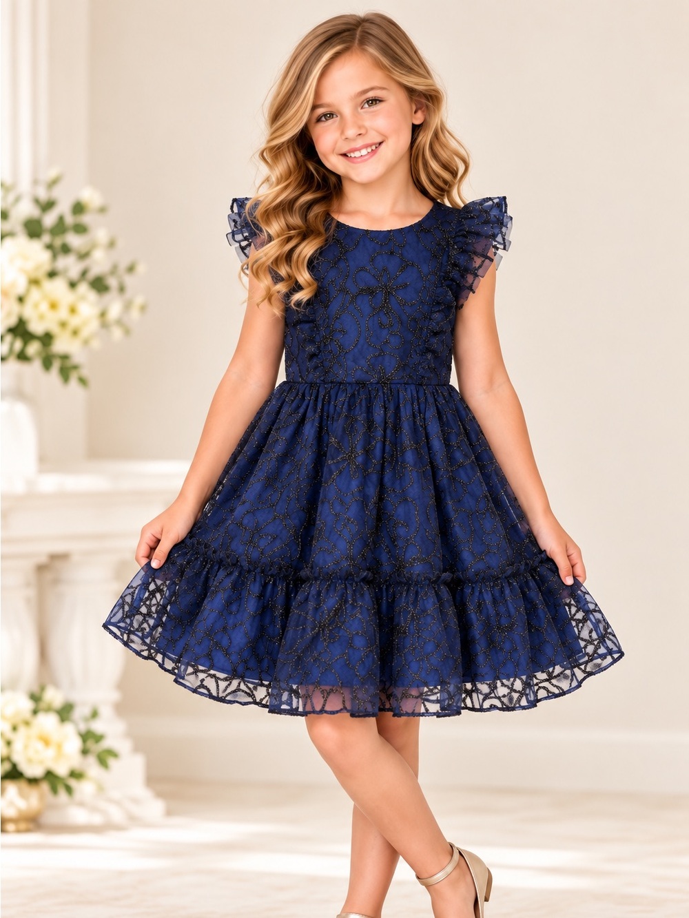 Kenzie Girl size 8 Navy Floral Glitter Ruffle Party Dress